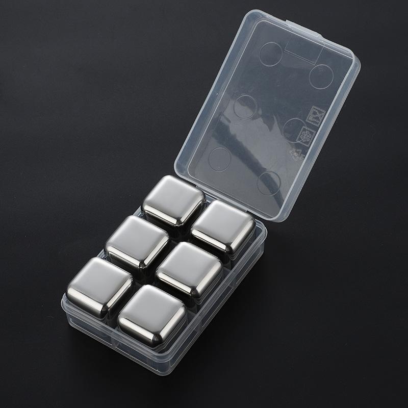 6pcs/set Stainless Steel Reusable Ice Cubes Chilling Stones with Tongs Whiskey Stones Drink Coolers for Wine JT999