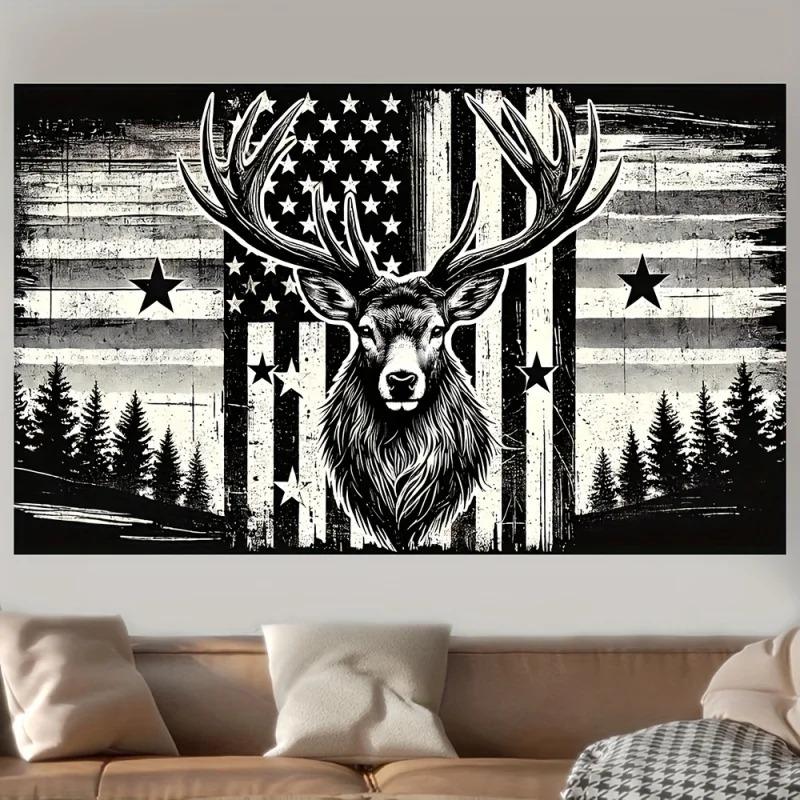 Peach Skin Tapestry Deer Hunting American Flag Wall Hanging Rustic Black and White Elk Forest Man Cave Cabin Decor Living Room