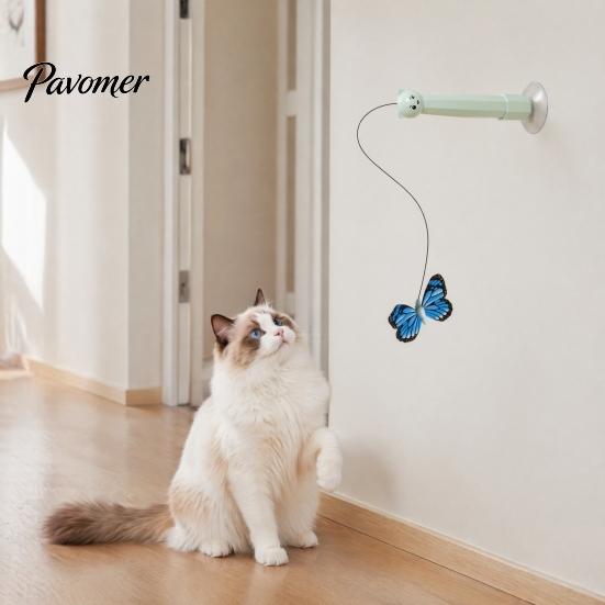 Electric Butterfly Cat Toy Wand, Rechargeable Interactive Wand Toy, 360 Spinning Self-Play Indoor Pet Enrichment Supplies with 2 Modes, Suction