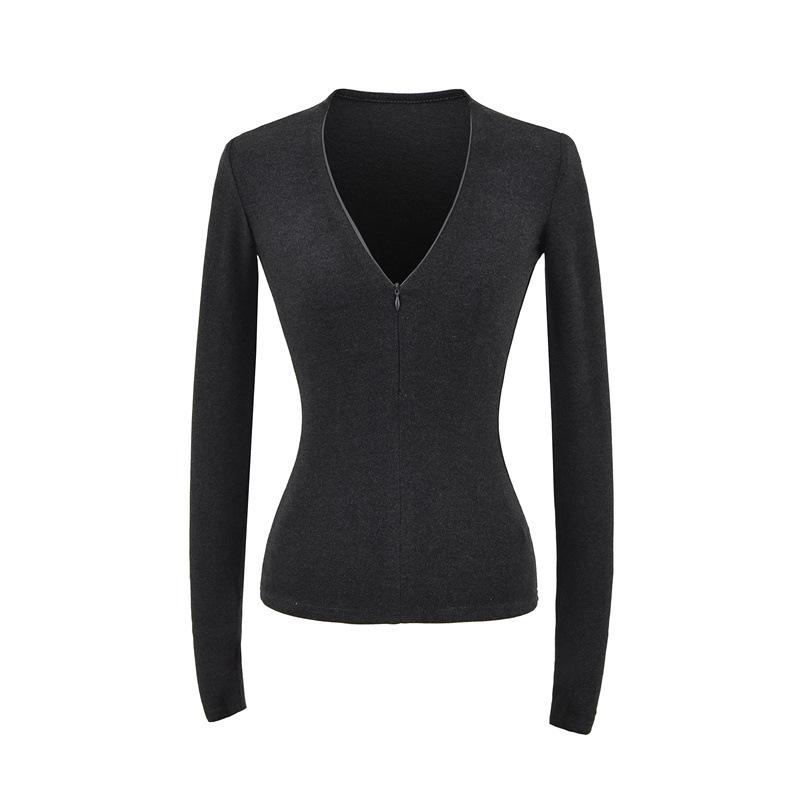 Chic French V-Neck Zipper Long Sleeve Slim Fit T-Shirt for Women, Autumn/Winter High-End Style.