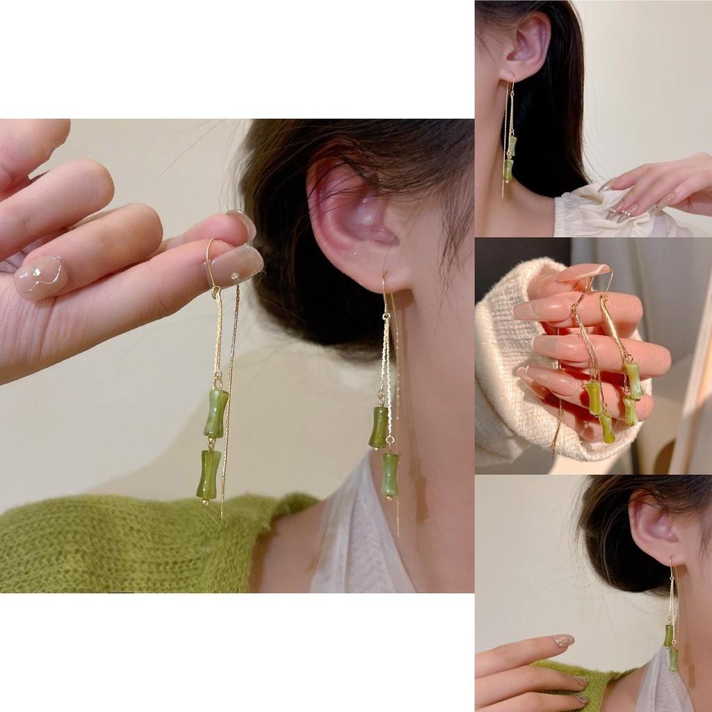 Vintage Bamboo Earrings Chinese Style Copper Ear Drops Long Fringe Green Bamboo Ear Thread