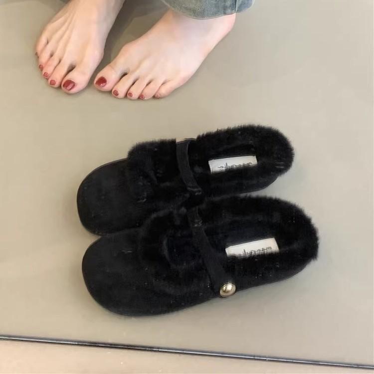2025 new French temperament elegant leopard print one word velvet bag head half slippers gentle fairy fluffy shoes woman
