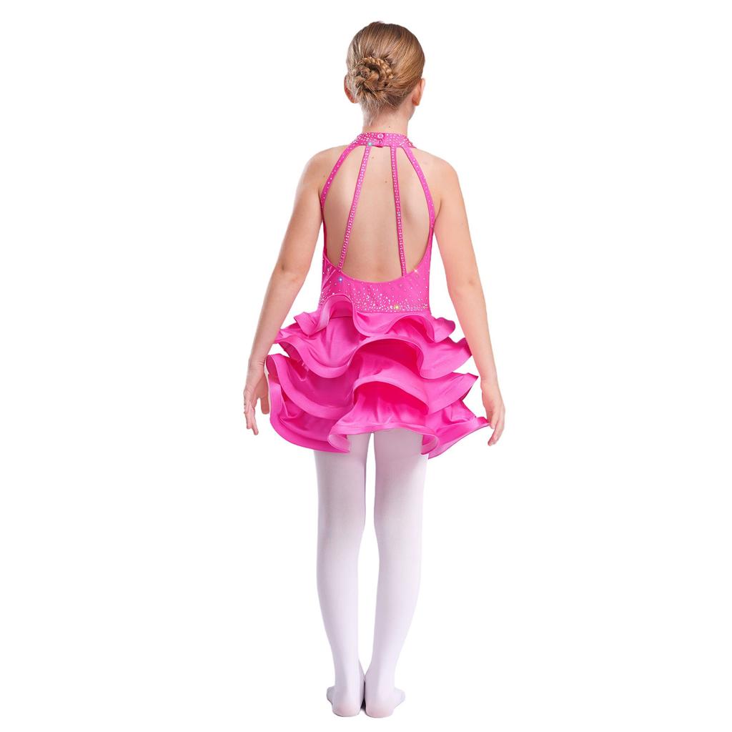Girls Sparkly Rhinestone Latin Dance Dress Sleeveless Backless Design with Flowy Tiered Skirt for Competition