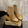 Square Toe High Heel Booties Women's Vintage Suede Paneled Autumn Winter Block Heel Stretch Skinny Boots