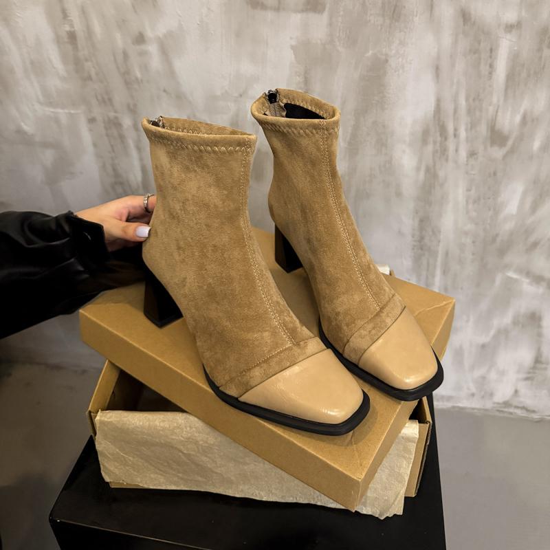Square Toe High Heel Booties Women's Vintage Suede Paneled Autumn Winter Block Heel Stretch Skinny Boots
