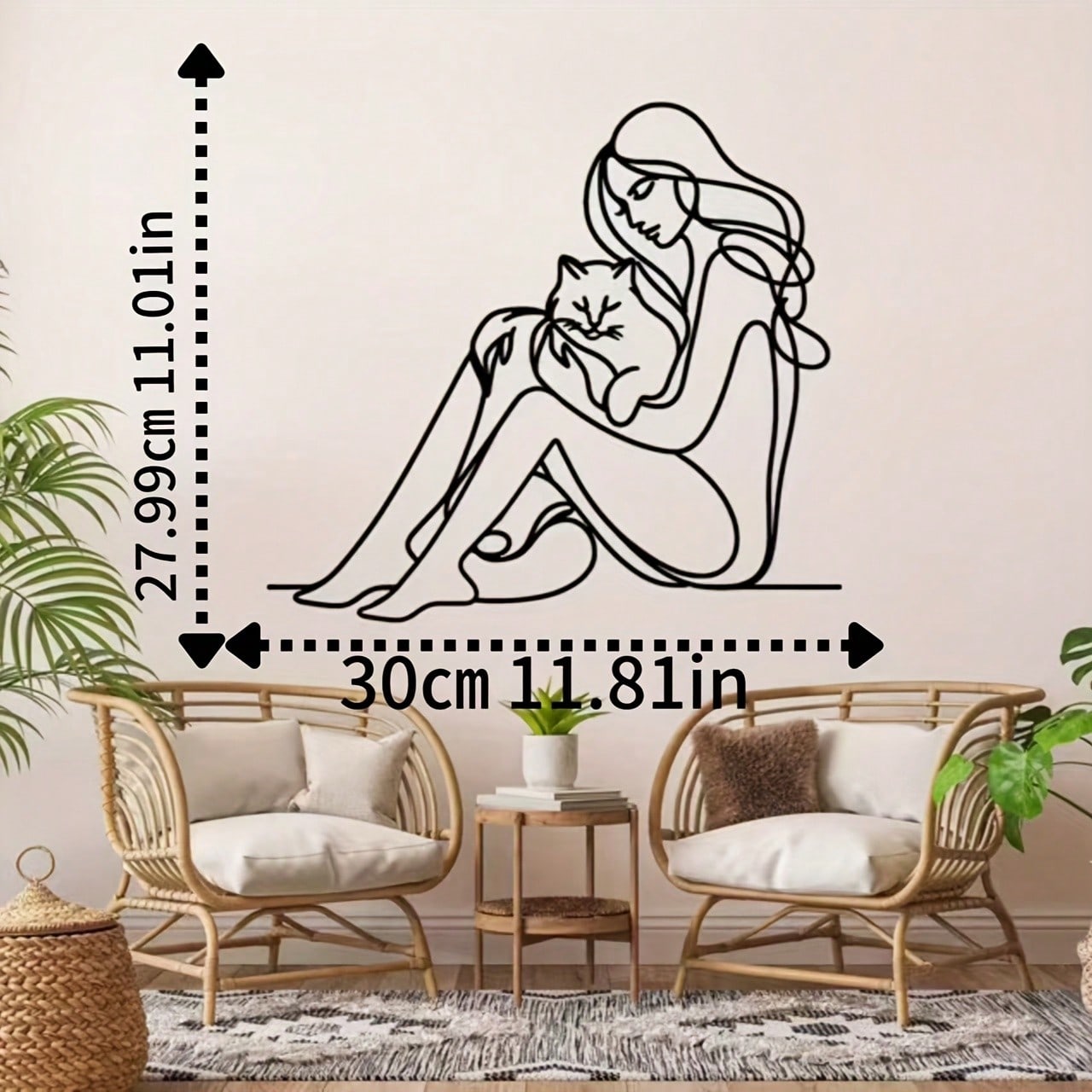 Металлическое настенное искусство Женщина с кошкой Простой линейный дизайн Декор гостиной Внутренний подарок Свадьба Праздник Дом разноцветный