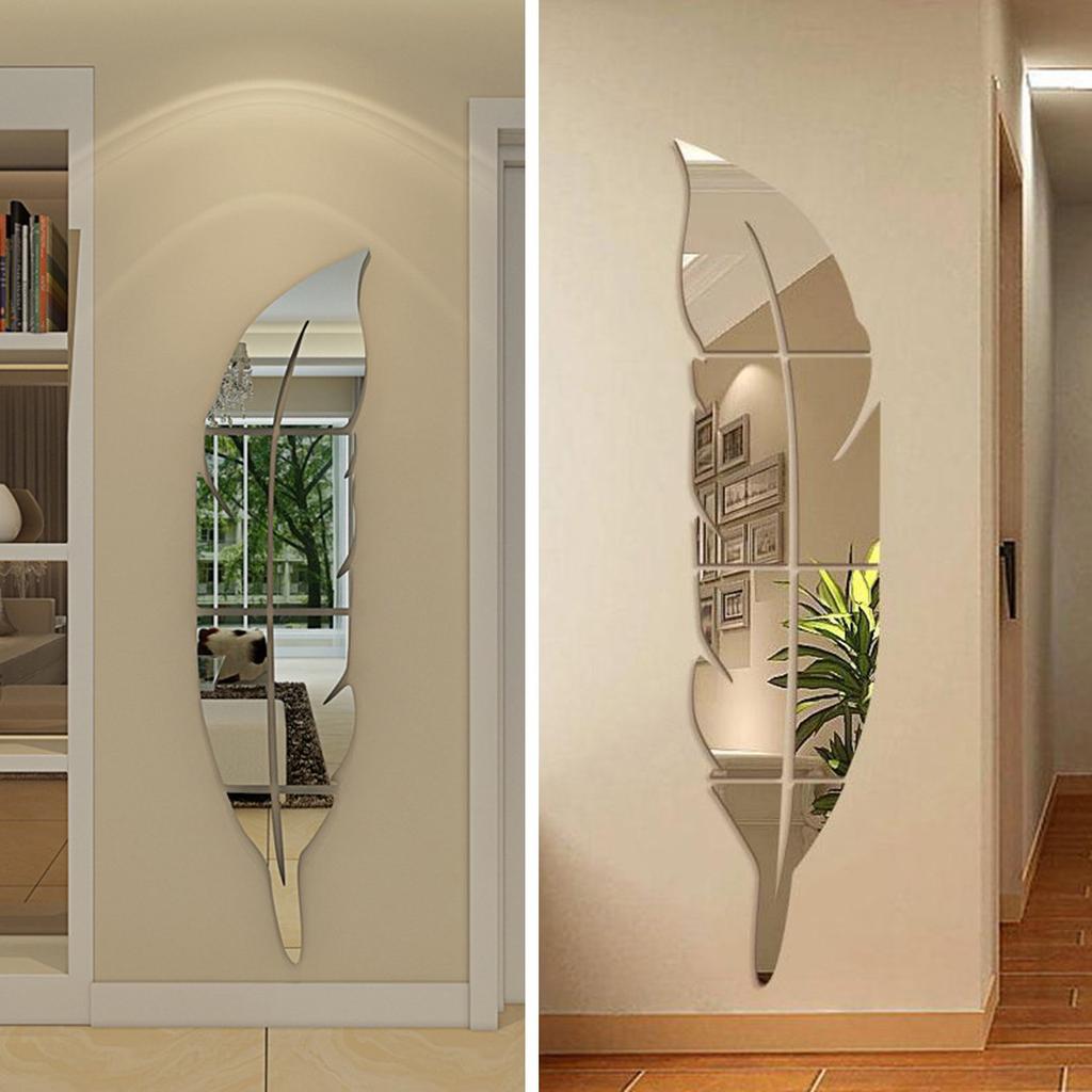 Large Modern Feather Mirror Wall Sticker 120x30cm Acrylic Art Mural