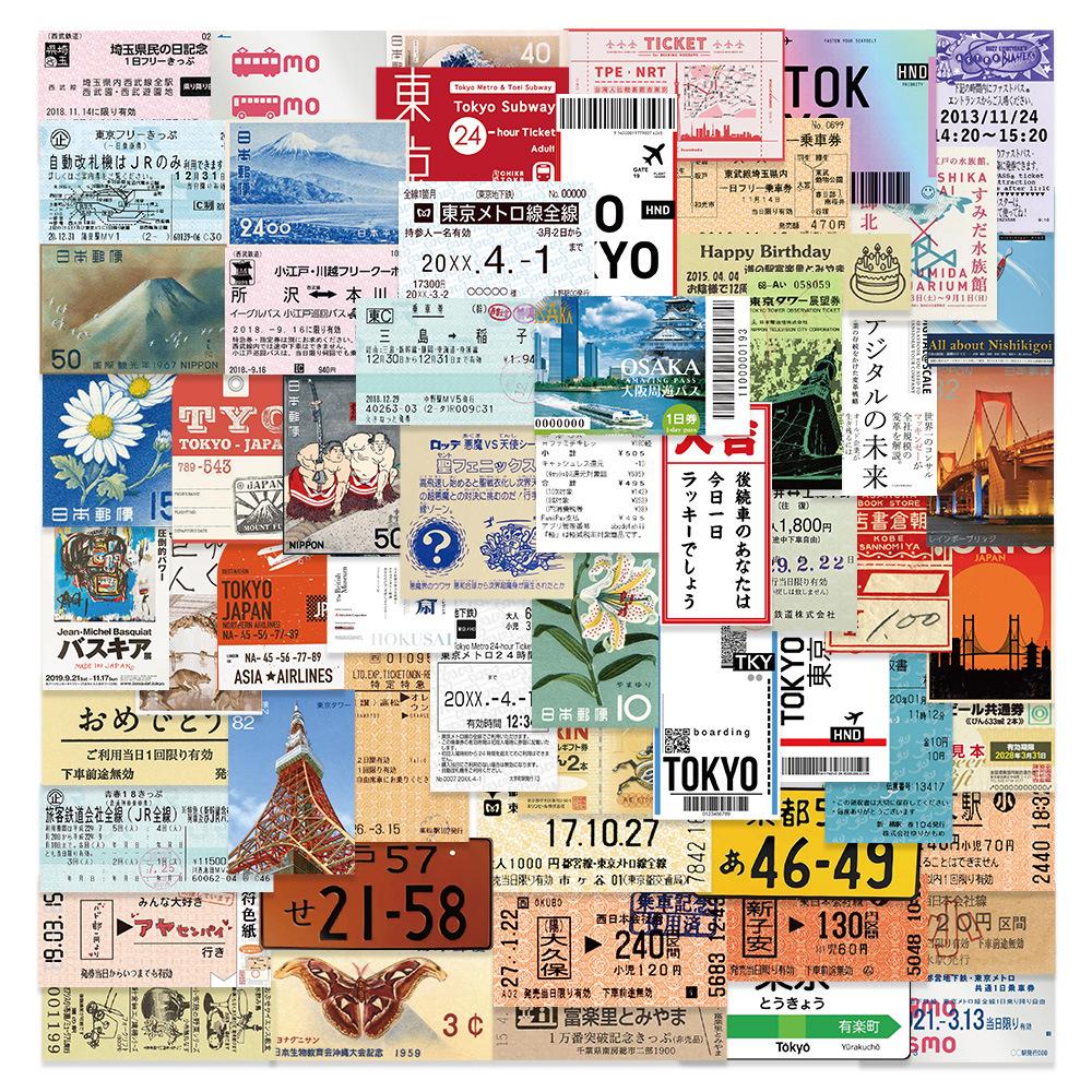 10/30/60pcs Vintage Japanese Travel Tickets Stickers Cartoon Creative Decals Decoration Suitcase Guitar Phone Sticker