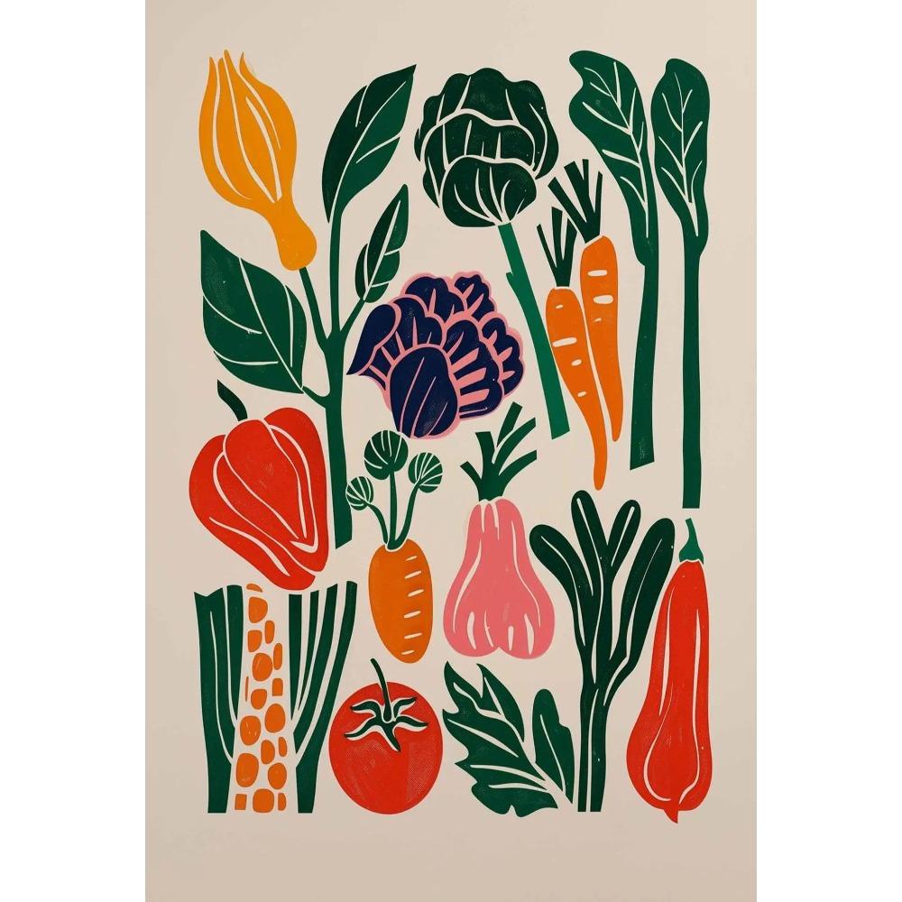 Buntes Poster mit frischem Gemüse, botanischem Gartenmotiv, minimalistischer Kunstdruck auf Leinwand, Wandbild für Wohnzimmerdekoration