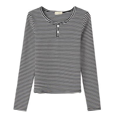 Pure Cotton T-shirt Women's Striped Long-sleeved Top Autumn and Winter New High-end Fashionable Base Shirt