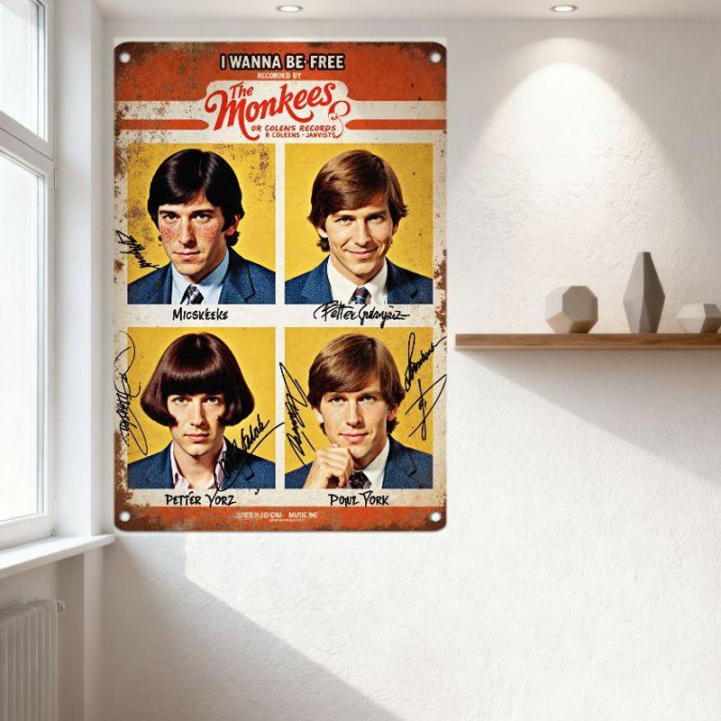 The Monkees I Wanna Be Free Vintage Metal Tin Sign - 1960s Retro Rock Band Wall Plaque for Home Man Cave Bar Decor