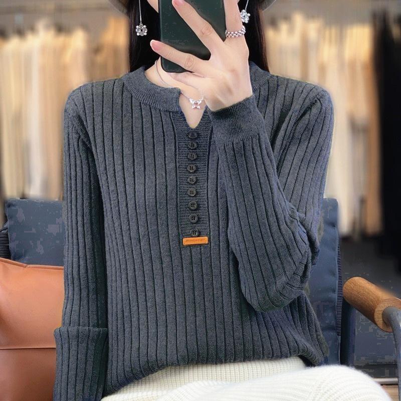 Women's Fall Bottom Shirt Long Sleeve Pullover Round Neck Knit Sweater