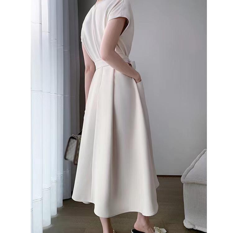 Hepburn style pocket skirt French temperament high waist dress women's spring and summer chic elegant apricot lace-up medium and long dress