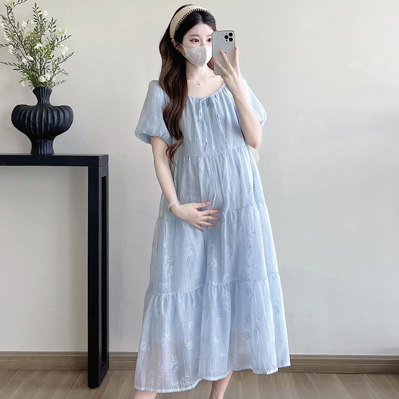 2026 Summer Lace-Up Waist Maternity Dress - Romantic & Casual Long Style