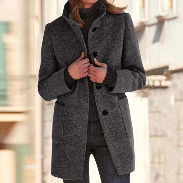 Women's Casual Solid Color Woolen Jacket with Collar and Pocket Long Sleeve Button Up Coat