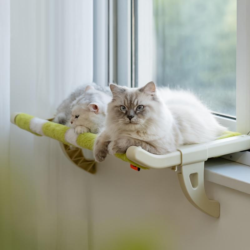 Luxury Window Mount Cat Hammock - Striped Green and White, Removable Cushion, Sturdy Plastic Frame, Comfortable All-Season Cat Nest