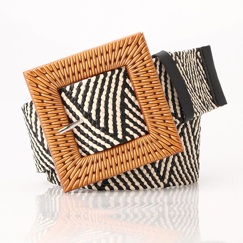 Women's Wide Round Buckle Elastic Belt - Cotton & Linen, Straw Style, Mori Girl Fashion.