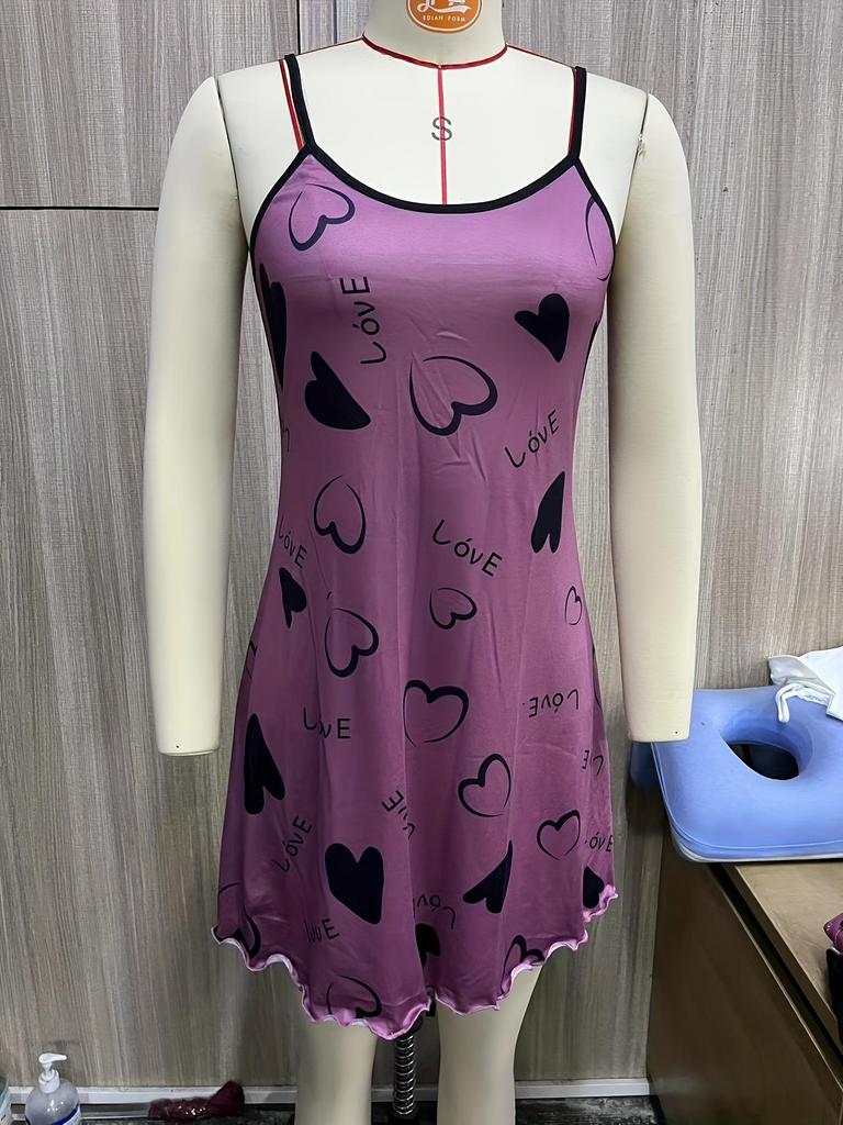 European Summer Strappy Heart Print Short Skirt Nightgown Dress