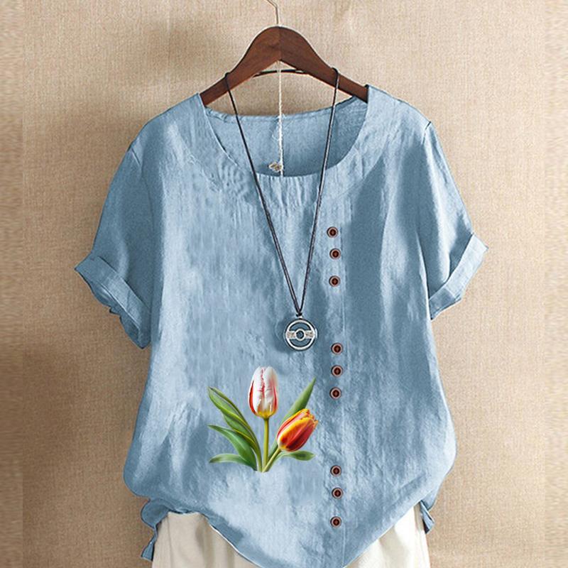 Women's Fashion Round Neck Short Sleeve T-shirt Casual Cotton Linen Graphic Shirt Leisure Loose Tulips Prined Summer Blouse Tops