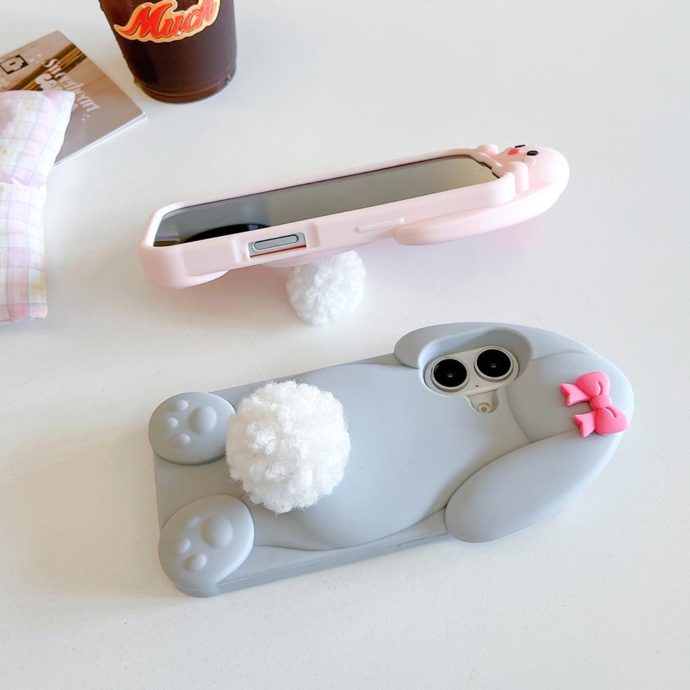 Kawaii 3D Cartoon Benny Rabbit Case For iPhone 16 15 14 13 12 Pro Max Soft Silicone Cover With Hairball Tail Holder