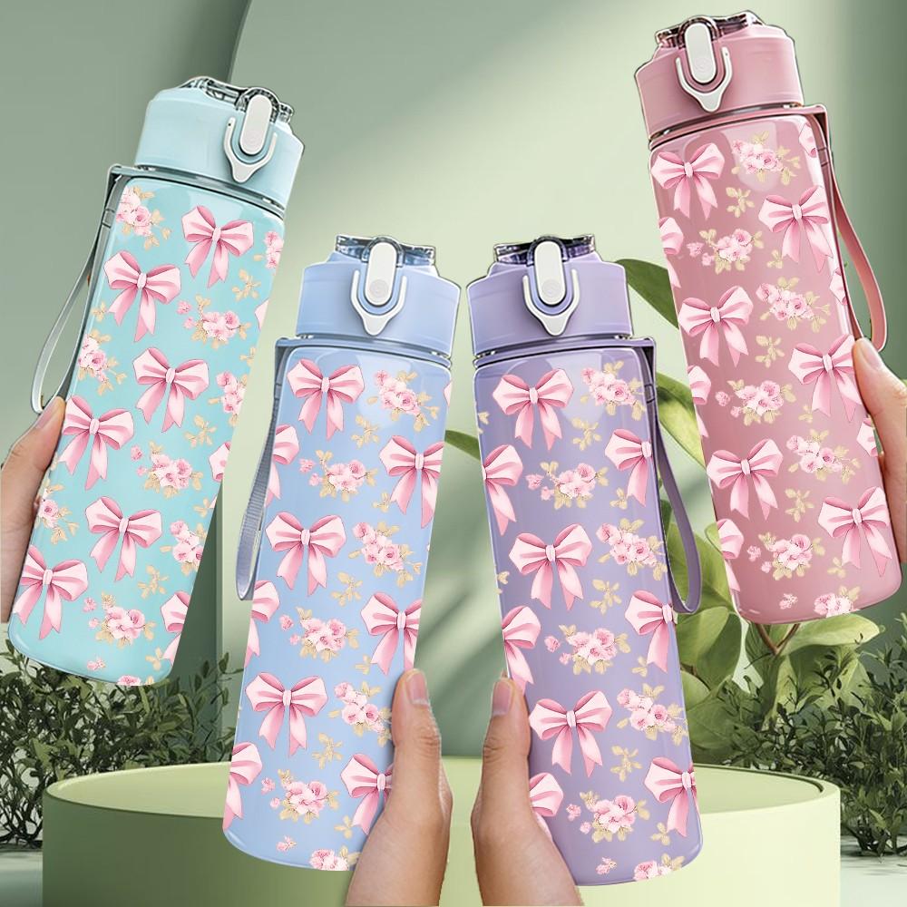 1PC Pink Bow Soft Girl Seamless Pattern Print 750ml Color Plastic Sports Water Bottle Leakproof Flip Straw Lid Suitable for Sports Office Home Use