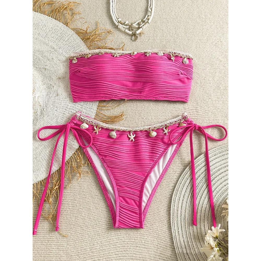 

XS - XL Bandeau Wrinkled High Cut Bikini Women Swimwear Female Swimsuit Two-pieces Bikini Set Shell Bather Bathing Suit Swim XL