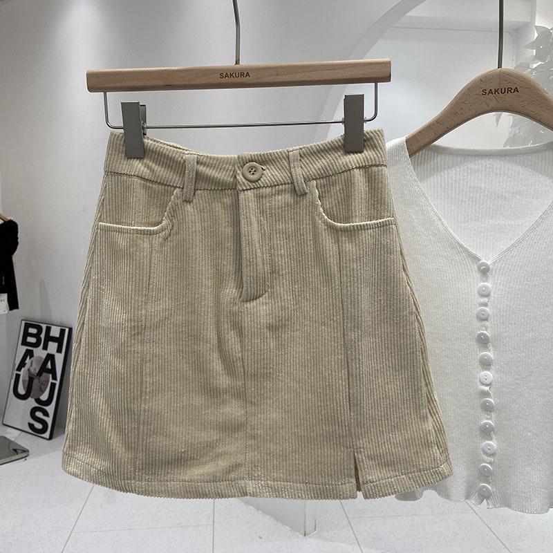 2024 Autumn Women's High-Waisted Corduroy A-Line Mini Skirt with Button, Slit, and Anti-Exposure Design - Korean Style Versatile Bodycon.
