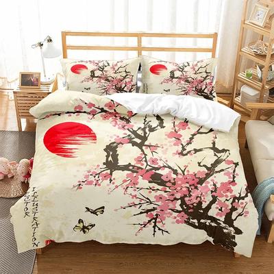 Japanischer Bettbezug Zweig eines blühenden Sakura-Baums Blumen Kirschblüten Frühlingskunst Polyester Bettwäscheset Doppel-/Kingsize