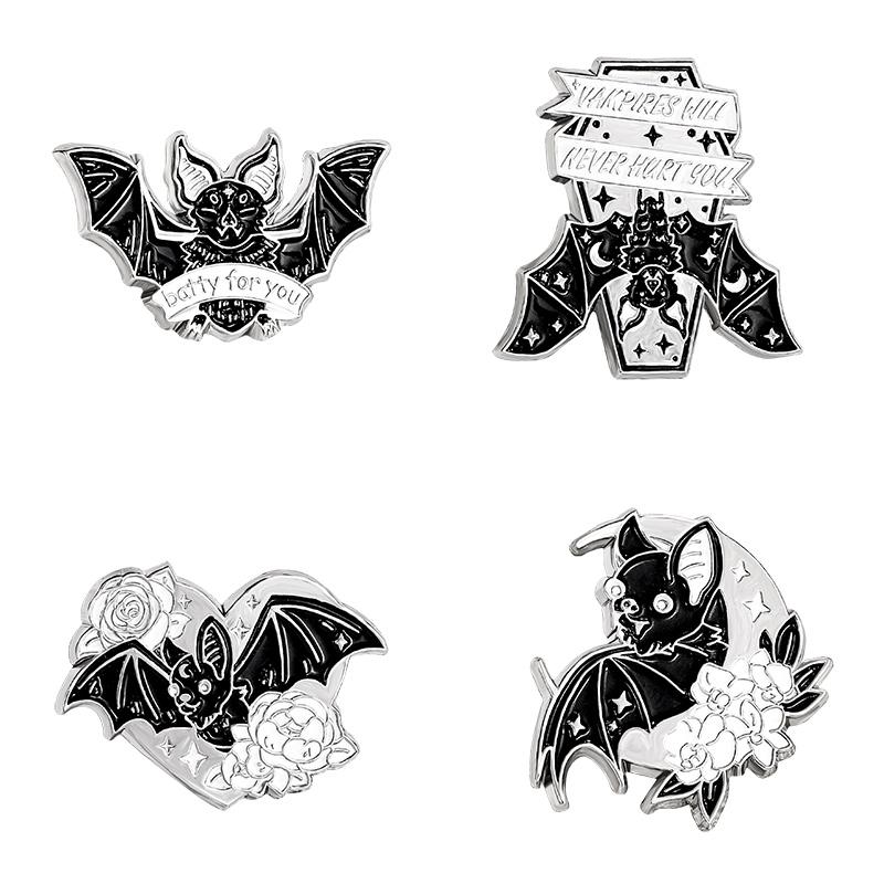 4 Styles Punk Dark Night Bat Theme Enamel Brooches With Flower Moon Heart Coffin Shaped Batty For You Darkness Lapel Pins