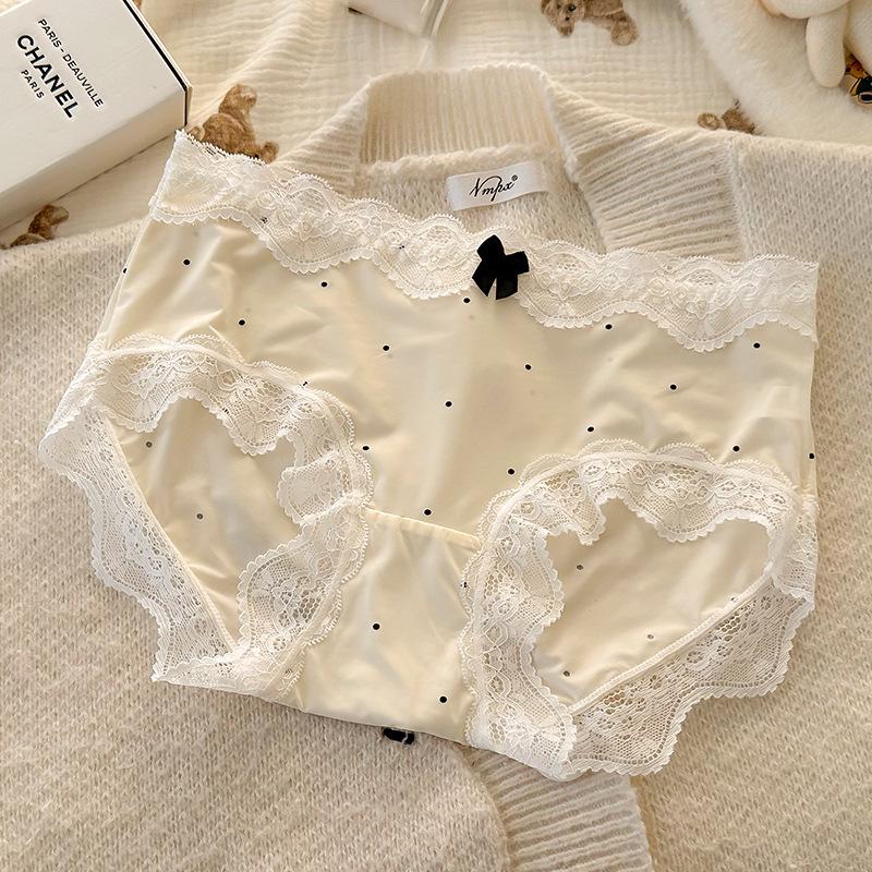 Women's French Polka Dot Lace Trim Breathable Ice Silk Panties