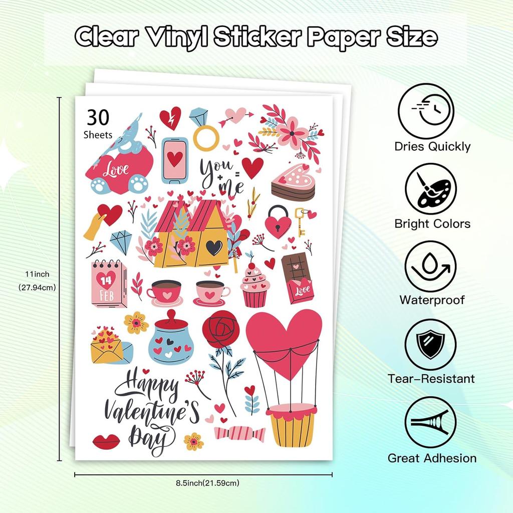 Ruibytree 30 Sheets Printable Clear Vinyl Sticker Paper for Inkjet Printers,Transparent Paper of 8.5x11 "DIY Personalized Self-adhesive Paper That is