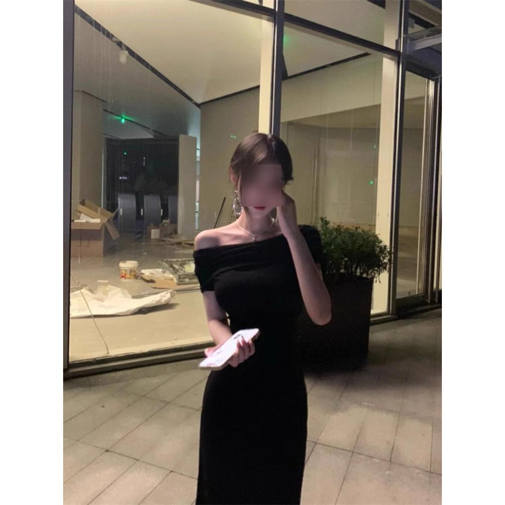 

Черное платье с открытыми плечами женское летнее сексуальное платье-юбка по бедрам платье с высоким холодным открытым плечом XL- (recommended 110-60kg)