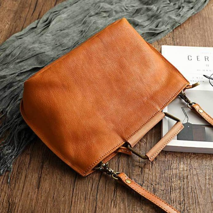 Johnature Handmade Cow Leather Women Bag Simple Retro Handbag Large Capacity Solid Color Shoulder Bags