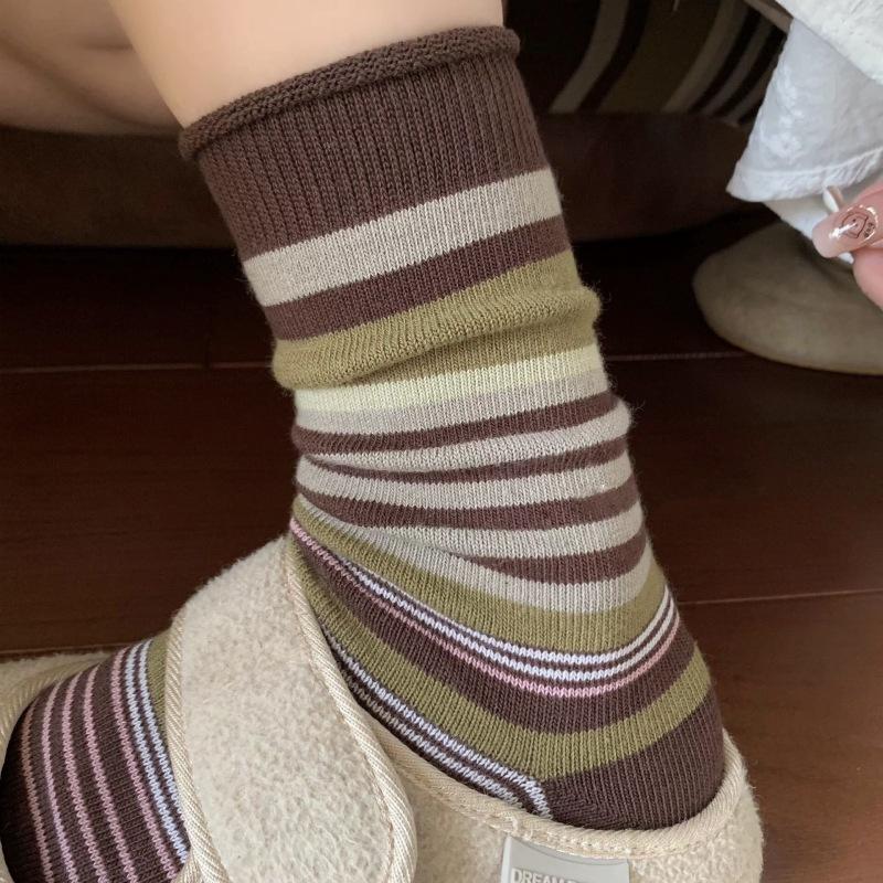 

Ретро цветные полосатые носки до середины икры для женщин, дышащие махровые носки для осени и зимы 1 pair