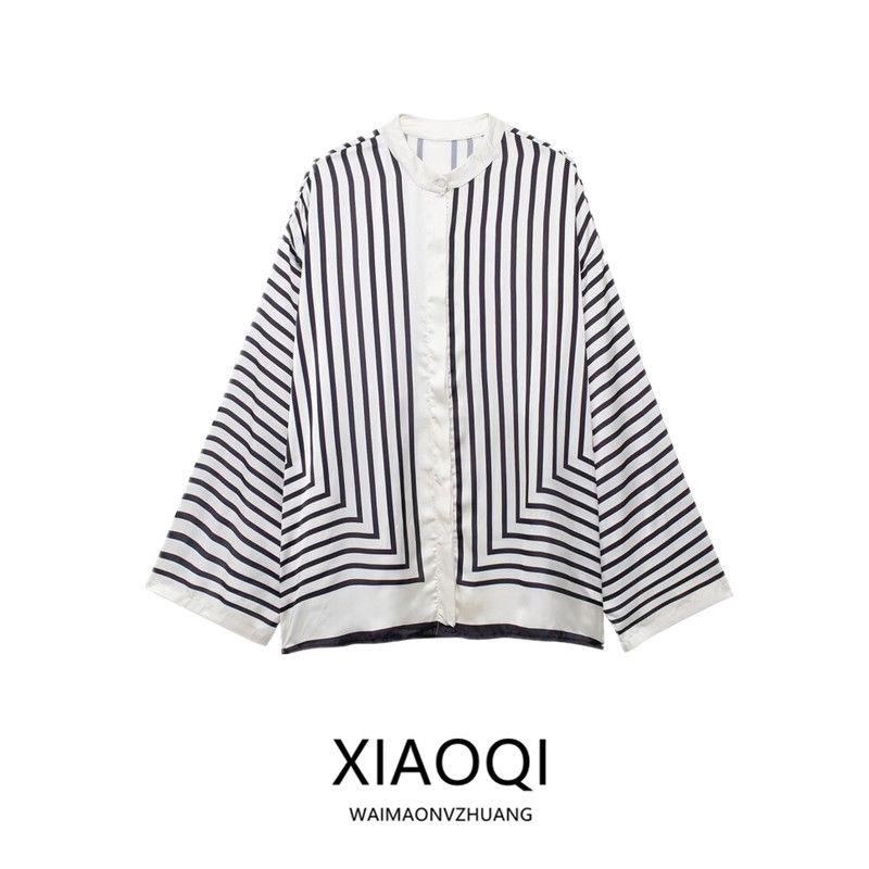 Fashion Style 2024 Autumn New Women's Clothing Stylish Geometric Stripes Loose Long Sleeves Positioning Print Shirt
