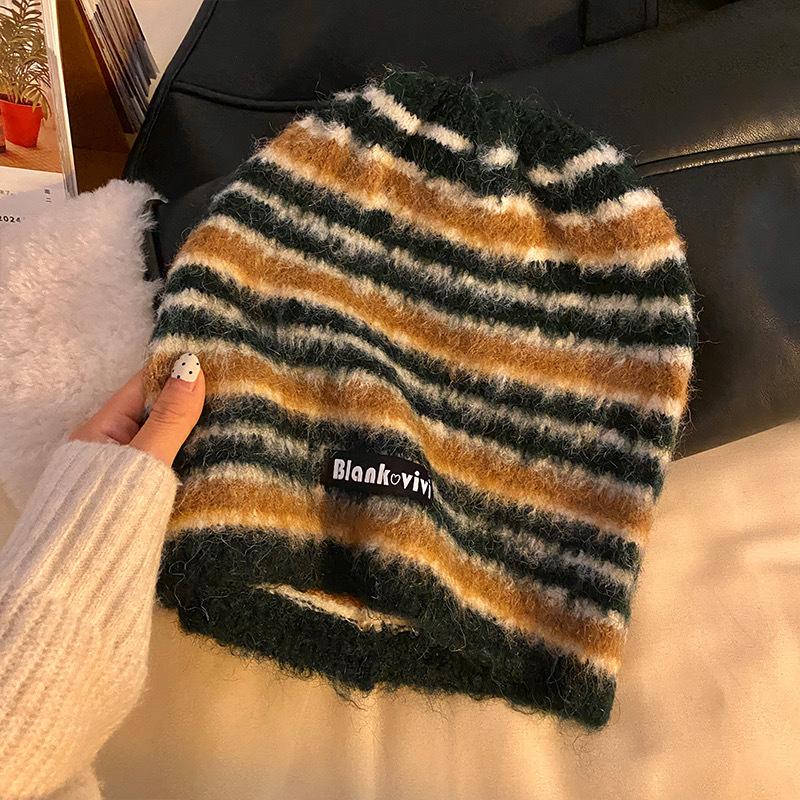 Retro Maillard Striped Plush Pile Hat for Women In Autumn and Winter Warm Versatile Big Head Circumference Showing Face Small Knitted Hat Trendy