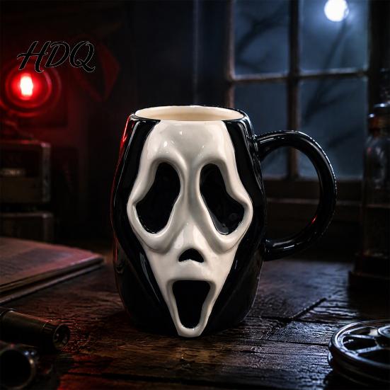 Durable Glazed Ceramic Drinkware Horror Face Coffee Mug Unique Mask Water Comfortable Handle Tea Cup Cup 385ml Capacity Decorative for Halloween