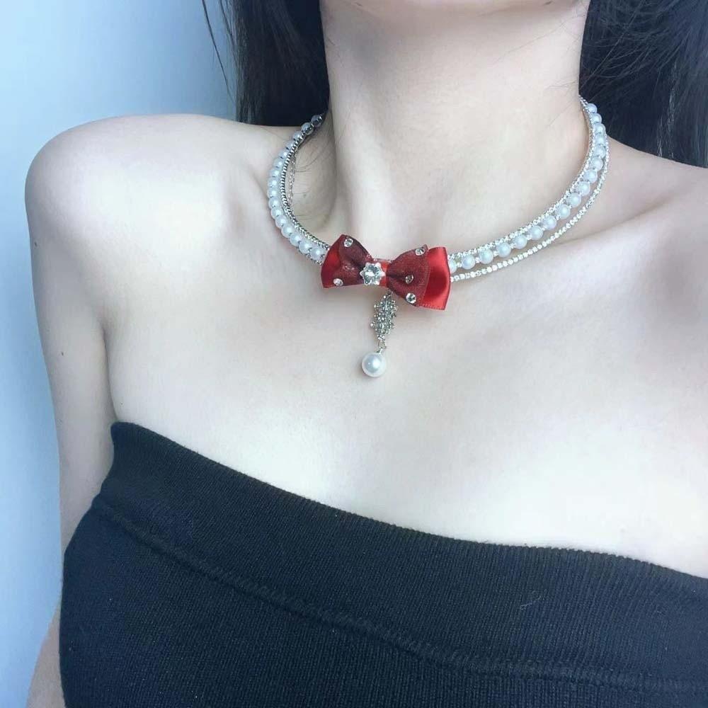 Collier avec Perles Nœud Argenté Pompon Bijou de Cou Brillant Perles Personnalisées Choker Strass pour Cadeau