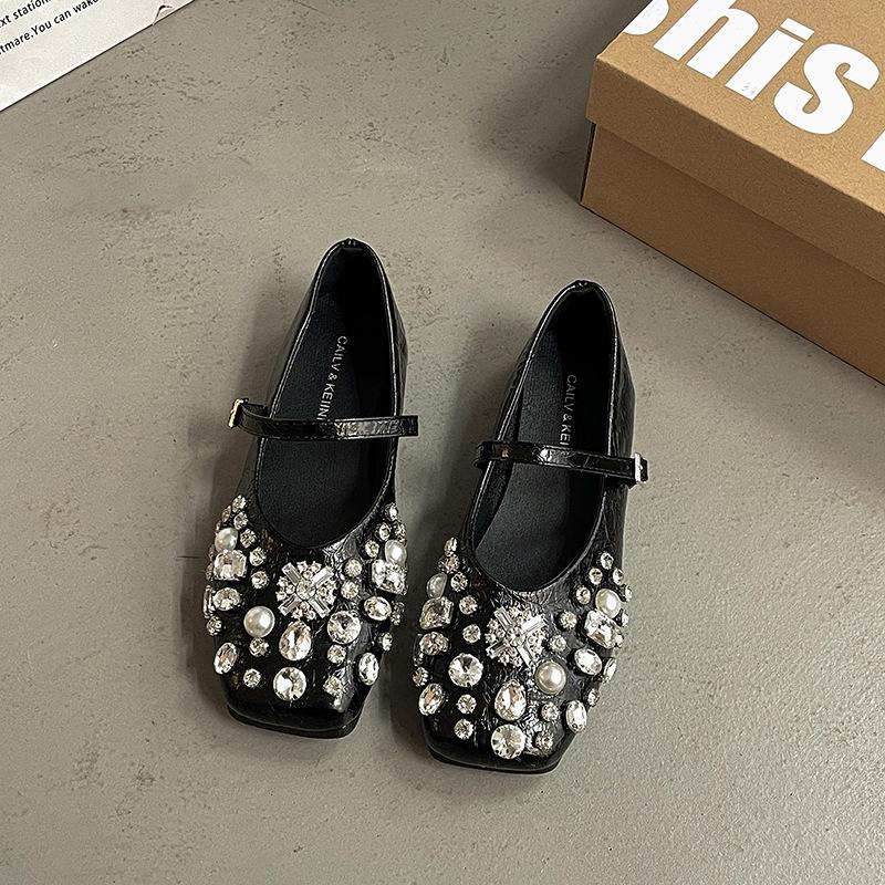 Fashion fairy style silver rhinestone Mary Jane shoes women's spring and summer new versatile casual flat bottom with skirt single shoes