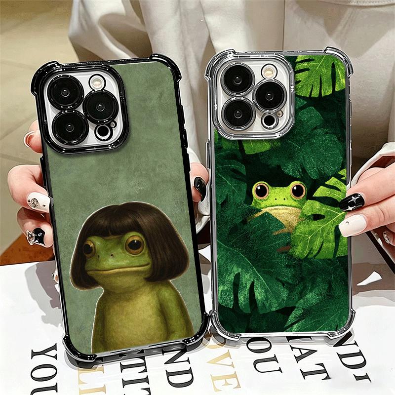 Cute Cartoon Frog Plating Phone Case For Iphone 16 17 Pro Max Air 16E 14 15 Plus 12 13 Mini Anti-Fall Airabag Cover