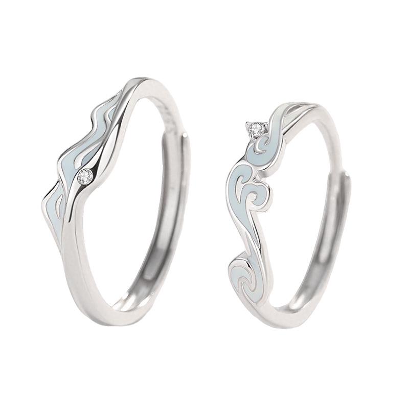 Tichya S925 Sterling Silver Enamel Luminous Open Rings – Mountain & Water Design, Korean Style, Versatile and Unique.