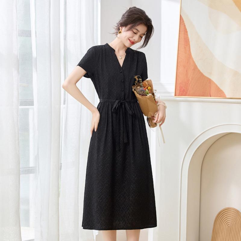 Guanle Wrinkled Silk Dress  Dress V-neck Medium and Long Skirt Waist Thin Mulberry Silk Dress