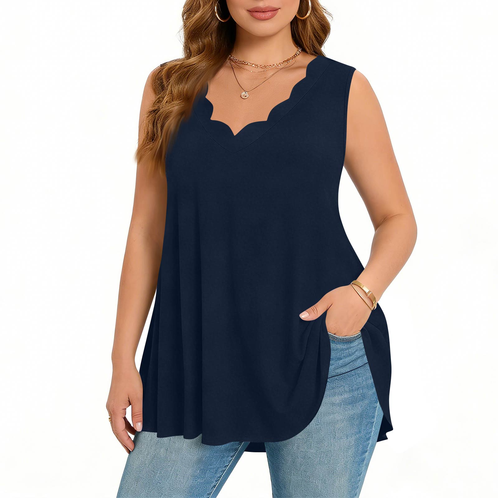 

Женский майка-топ большого размера с V-образным вырезом, ажурным подолом и без рукавов XXXL тёмно-синий