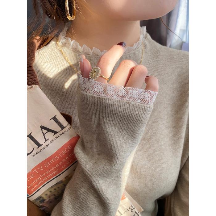 

Casual black lace-edged bottoming shirt for women s autumn wear 2025 new high-end semi-turtleneck sweater One Size