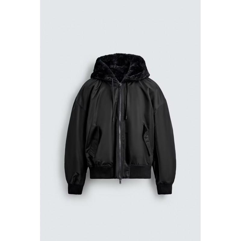 Mens Reversible Fleece-Lined Hooded Bomber Jacket