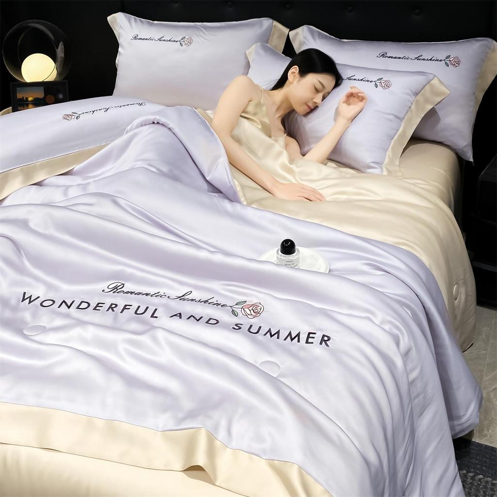 Luxury Washable Ice Silk Summer Quilt Set - Cool, Embroidered, Lightweight Four-Piece Bedding for Air Conditioning