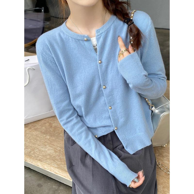 Neuer grauer Strick-Cardigan Damen Herbst Außen-Design Pulloverjacke Frühherbst Dünn Langarm-Oberteil Damen