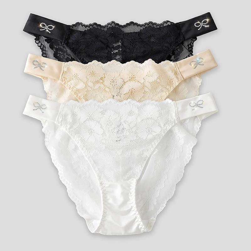 Femei Respirabil Stras Decor Slip Lenjerie de corp Talie joasă Chiloți din dantelă Satin Mătase Confortabil