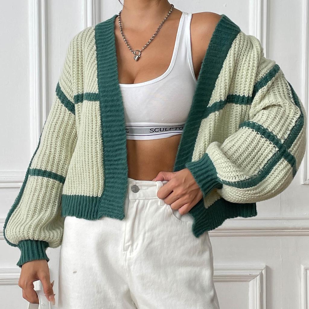 Women's Cardigan Autumn And Winter Jacket Collision Splicing Short Section Casual Loose Woven Jumper