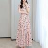 Kvinners Sommer Chiffon Flytende Maxi Kjole Casual A-linje Kort Erm Crew Neck Lang Kjole Blomstret Boho Strand Sommerkjole
